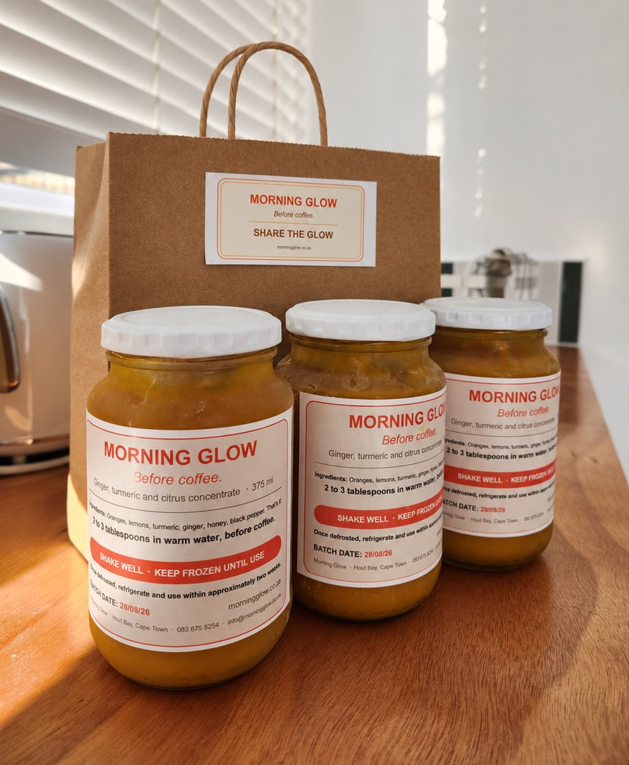 Three 375ml jars of Morning Glow with the brown Morning Glow bag